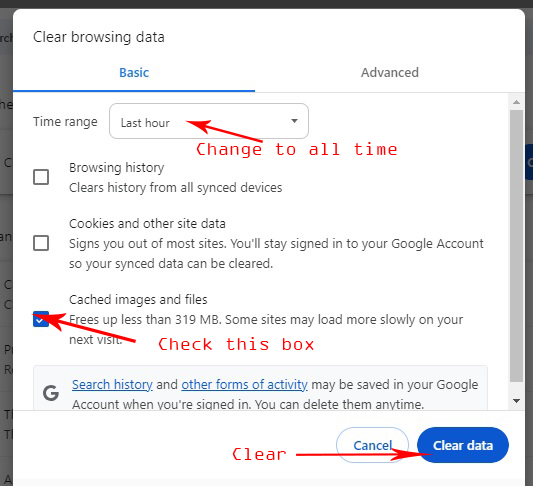 Clear cache files on Google Chrome Browser