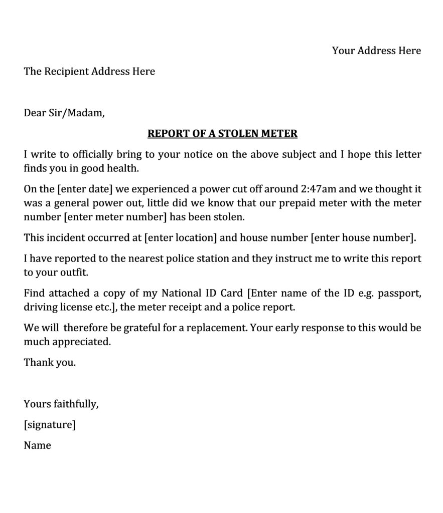 Sample Letter To Report A Stolen Meter